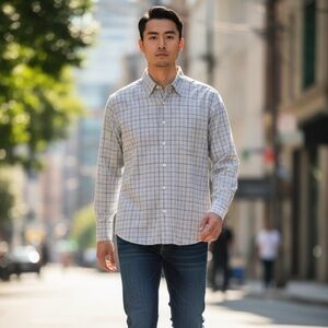 rmenegildo Zegna Sport Shirt Mens Medium Grey/Blue Checkered Button Down